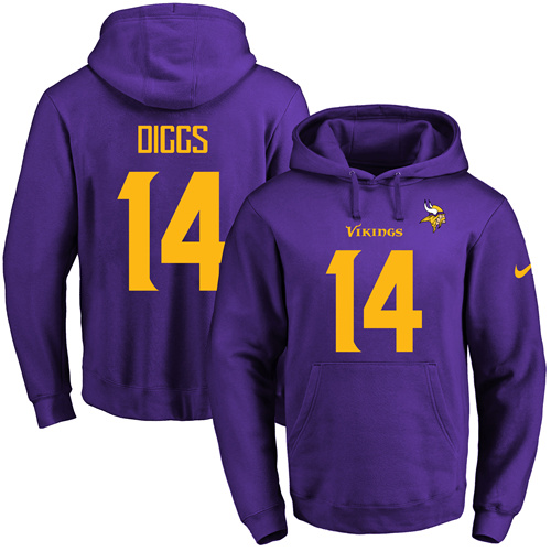 Nike Vikings #14 Stefon Diggs Purple(Gold No.) Name & Number Pullover NFL Hoodie - Click Image to Close